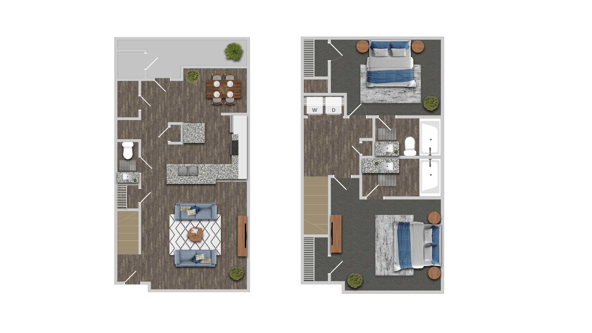 Floor plan for 2 beds, 2.5 baths, 1234 sqft